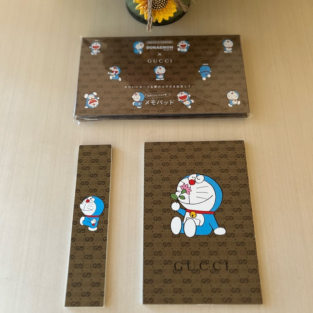 Gucci X Doraemon Memo Pad, Stationary Set, And Gucci Tote